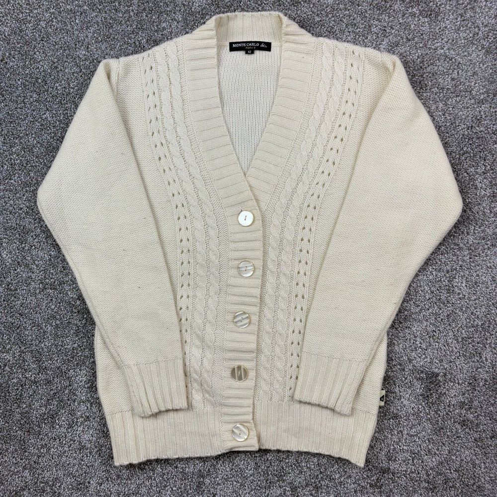 Monte Carlo Alpha Cardigan Sweater Mens 42 White Fisherman Knit Chunky Wool